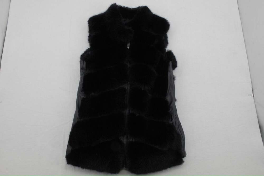 Belle Fare Premium Faux Fur Collection Black Faux Fur and Leather Zip-Front Vest